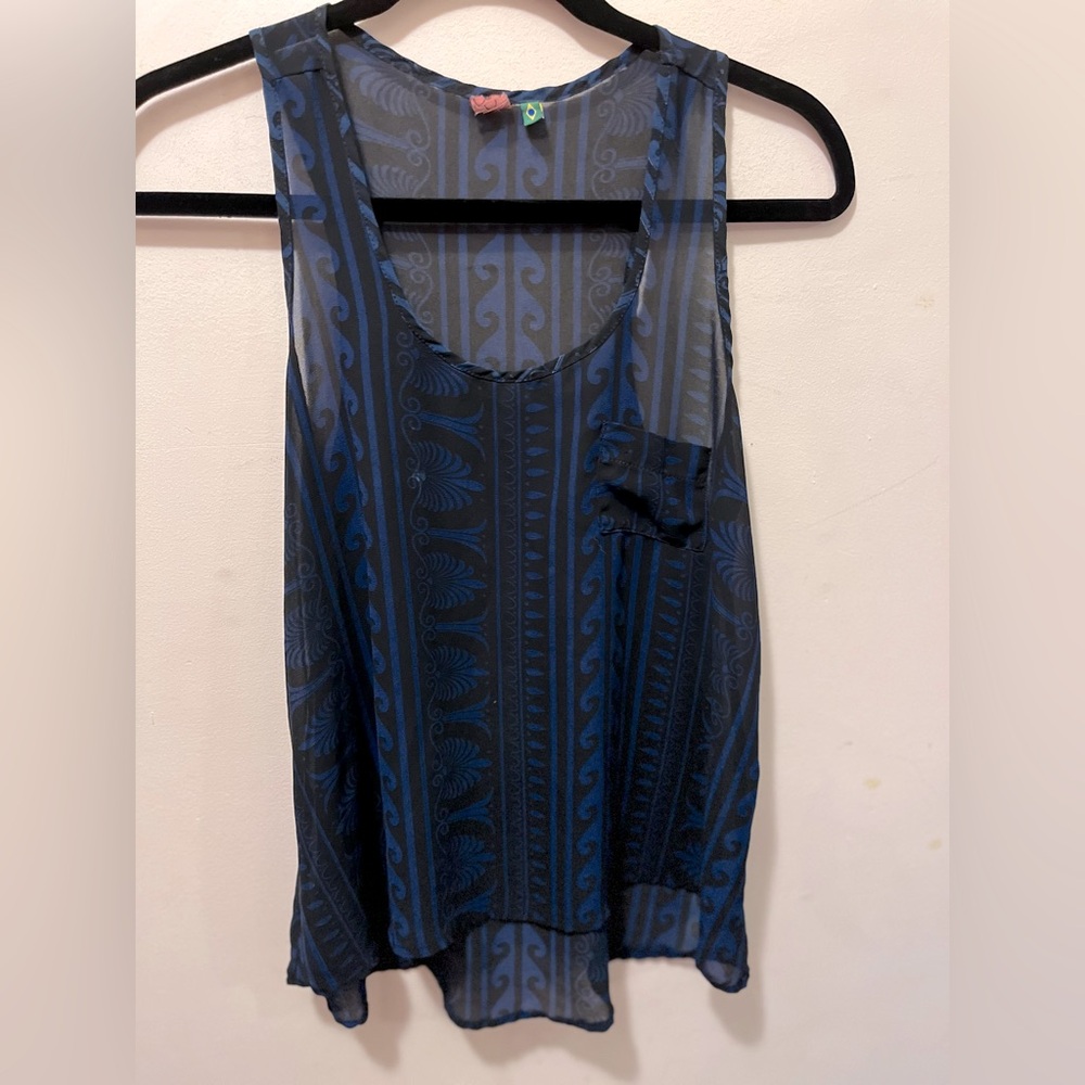 Farm Rio semi‎ sheer pocket regatta tank blue/black pattern sz L(G)